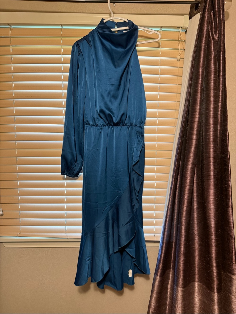 High-Neck Teal Midi Dress with Ruffle Hem